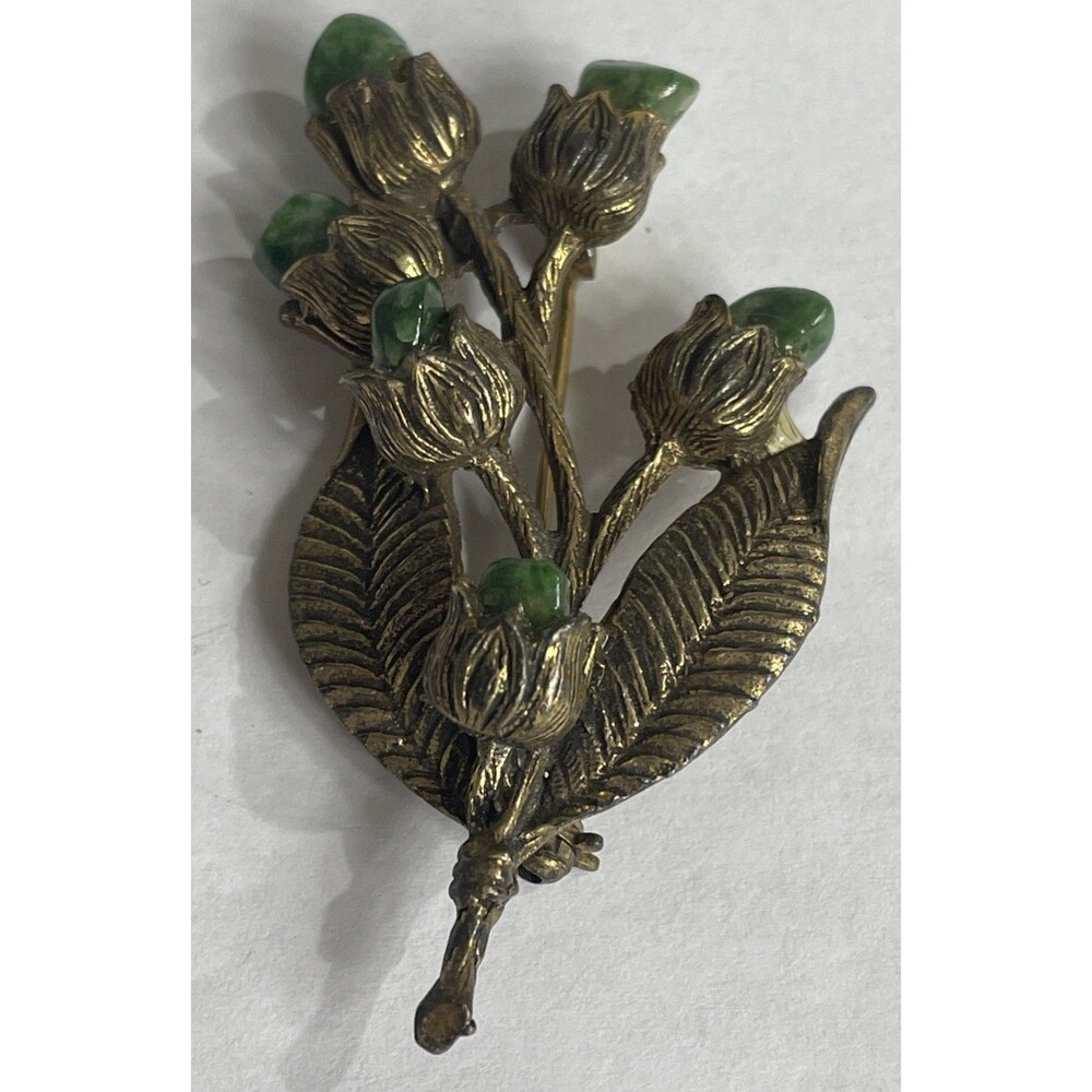 Vintage 60s HOB Jewelry Co Ribbed Brass & Genuine Jade Flower Pin Brooch 2 3/8"